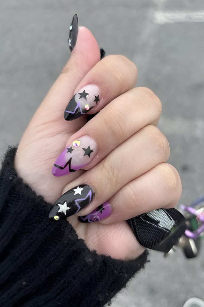 Glittery Purple Nails with Crescent Moon Accents