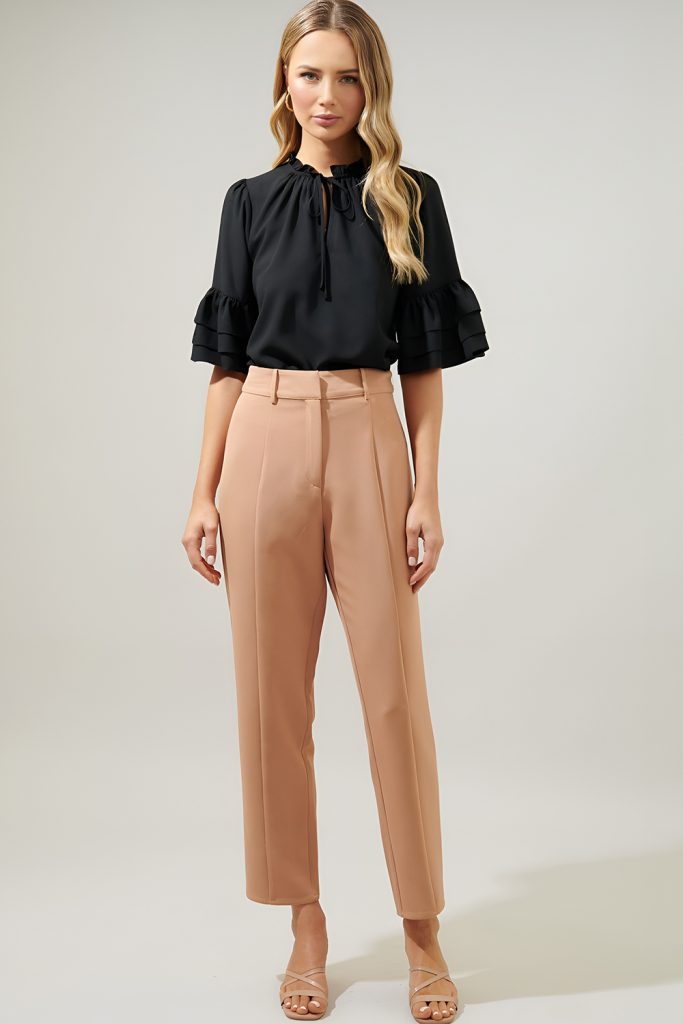 High Neck Blouses with Delicate Ruffles Pinned into Trousers