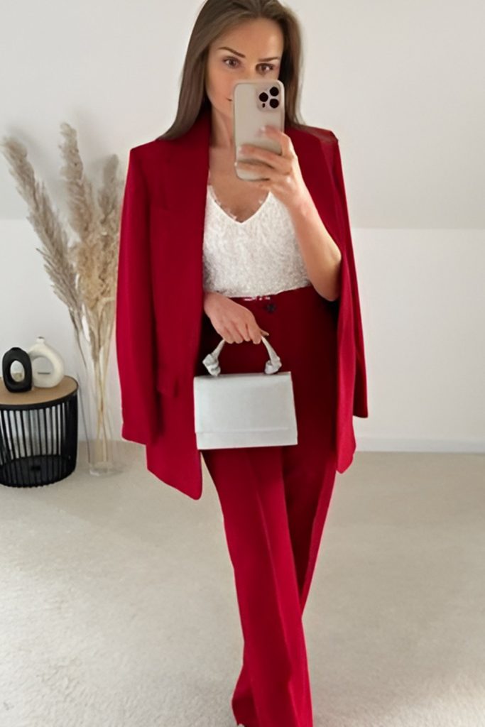 Holiday Red Pantsuit with Gold Accessories