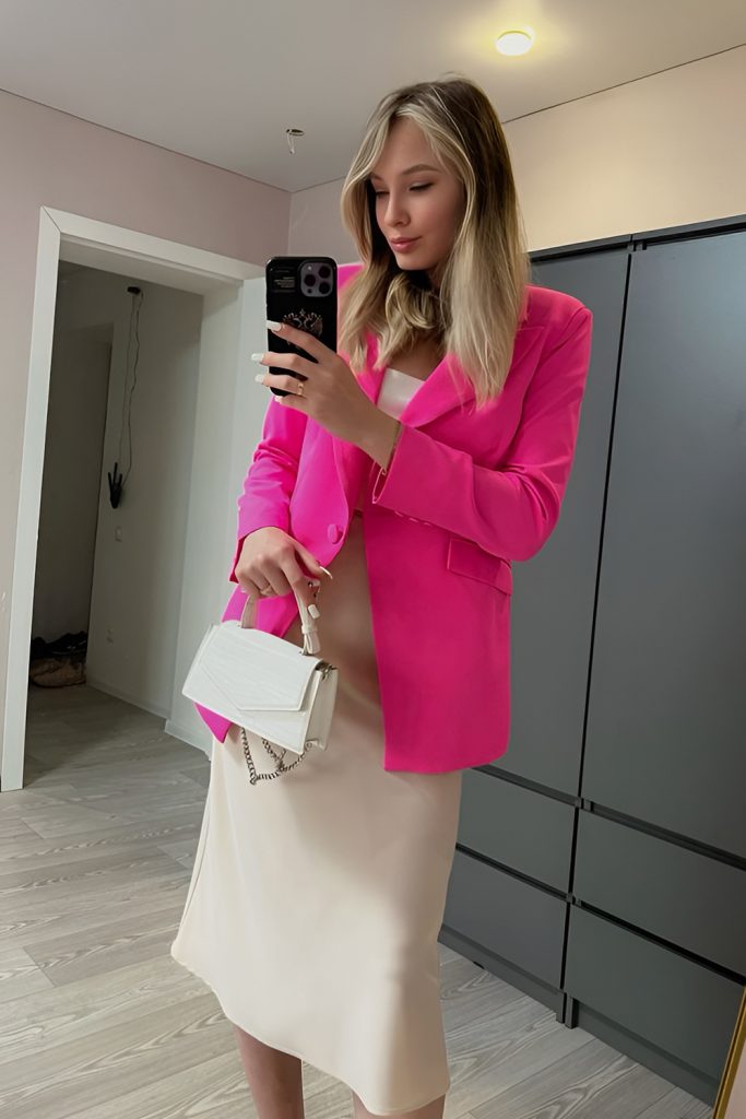 Hot Pink Blazer over a White Slip Dress
