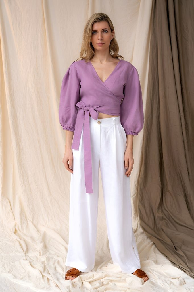 Lavender Wrap Top with White Wide Leg Pants