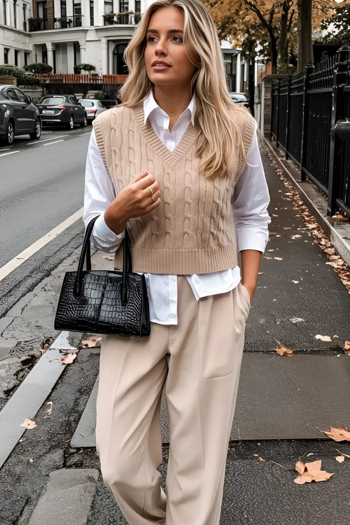 Layered Vests Over White Button Downs for Office Sophistication