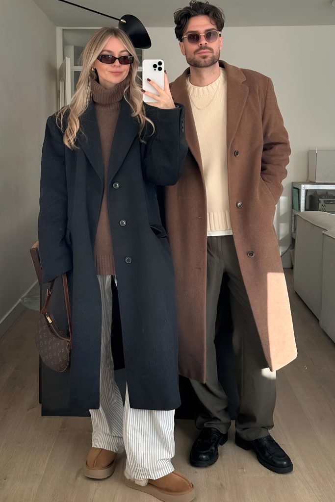 Long Coats in Complementary Colors for Sleek Photos