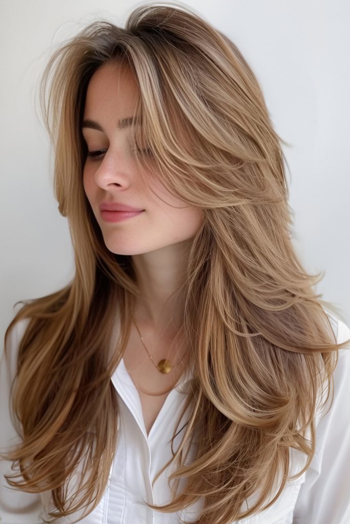 Long Layers with Curtain Bangs for Effortless Movement