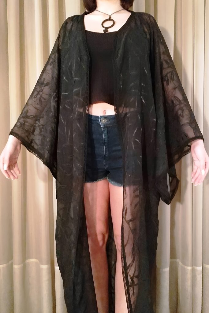 Long Sheer Kimono Over Mini Dress and Boots