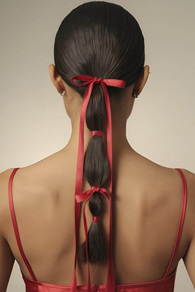 Low Sleek Ponytail with a Holiday Ribbon Accent