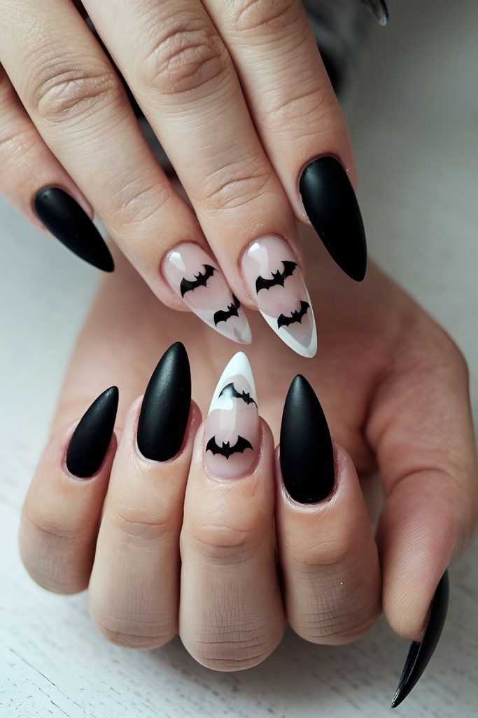 Matte Black Nails with Small Glittery Bats