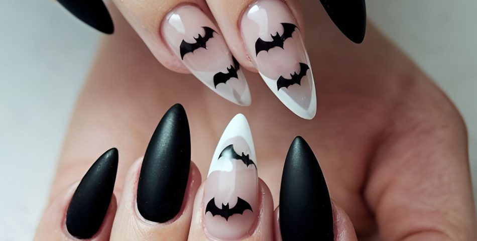 Matte Black Nails with Small Glittery Bats