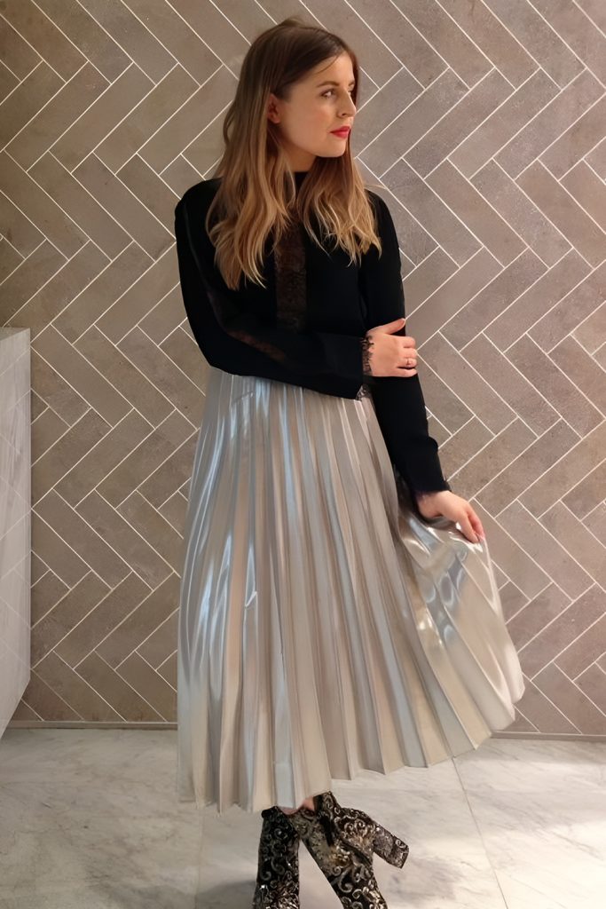 Metallic Pleated Skirt with Fitted Sweater