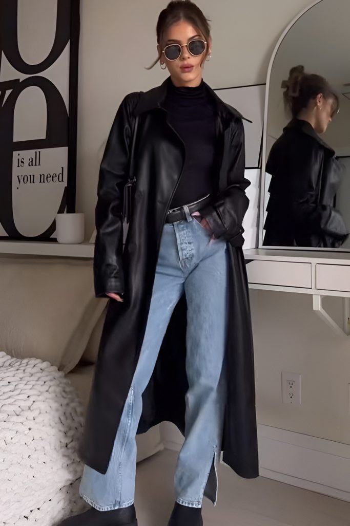 Moto Boots with Black Denim and Long Coat