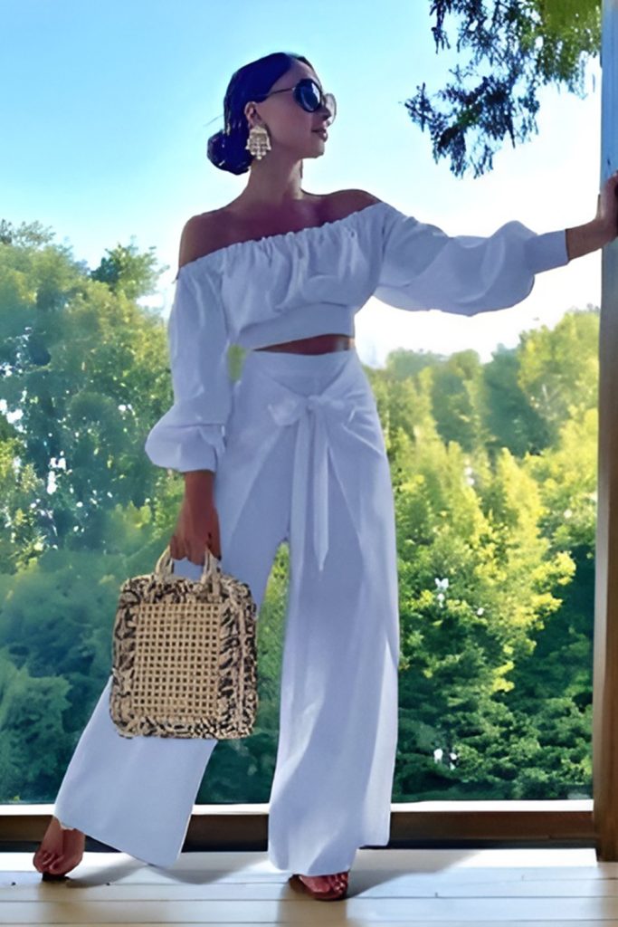 Off Shoulder Ruffled Blouse with Linen Trousers