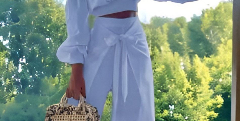 Off Shoulder Ruffled Blouse with Linen Trousers