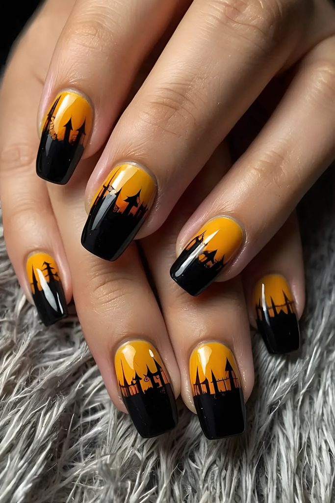 Painted Haunted House Scenes Across Nails