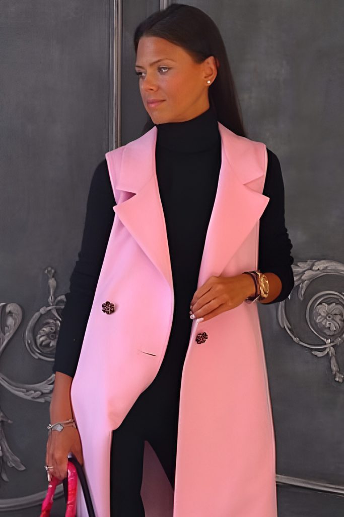 Pastel Pink Tailored Coat over All Black Ensemble