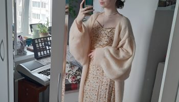Peach Knit Cardigan over Lace Slip Dress