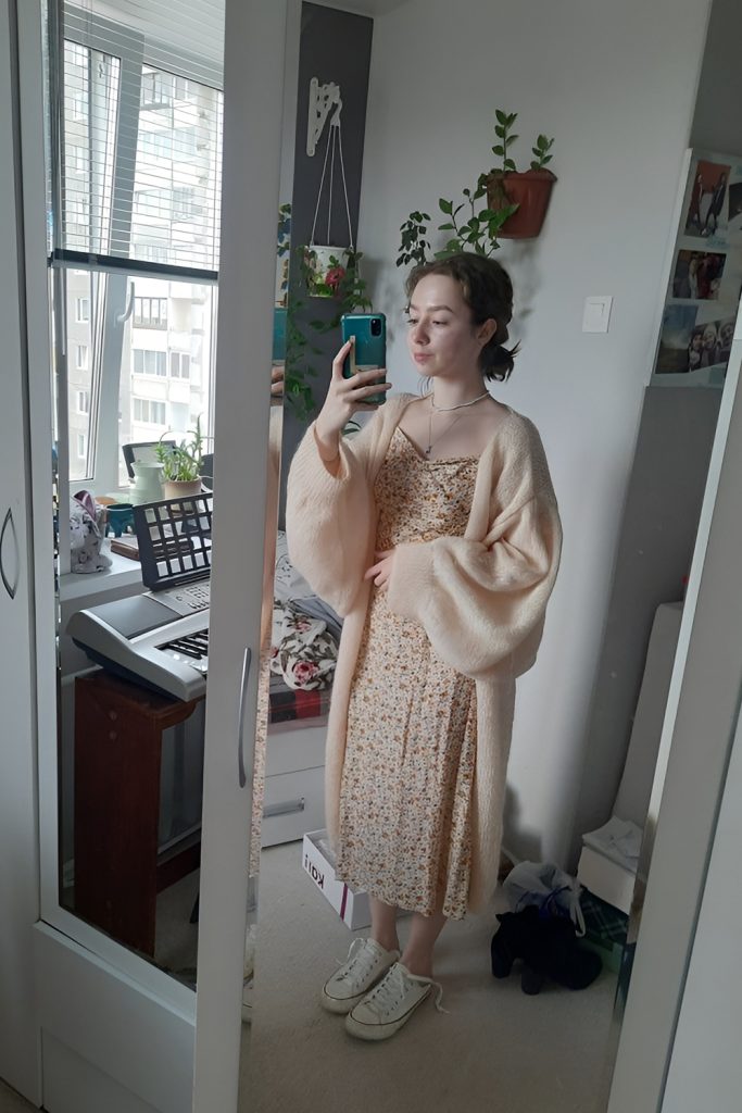 Peach Knit Cardigan over Lace Slip Dress