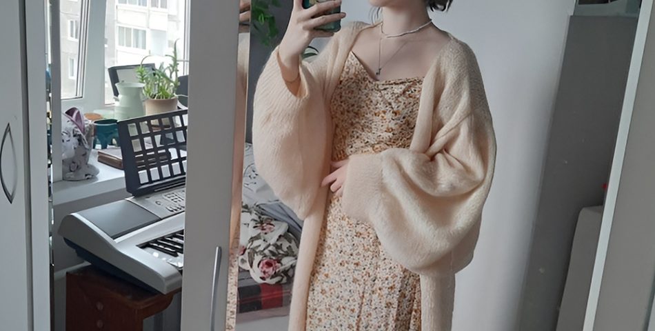 Peach Knit Cardigan over Lace Slip Dress