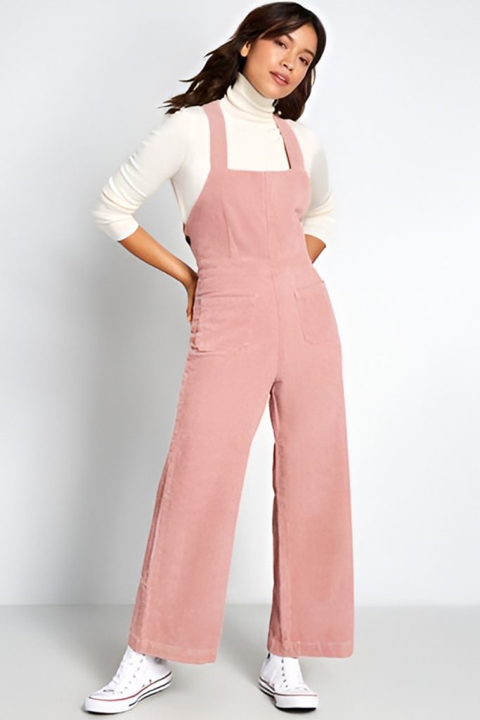 Pink Corduroy Overalls with Cream Turtleneck