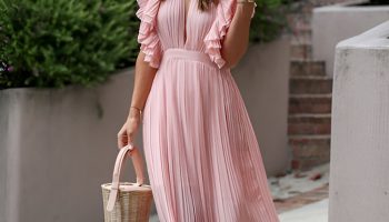 Pink Metallic Pleated Dress with Statement Earrings