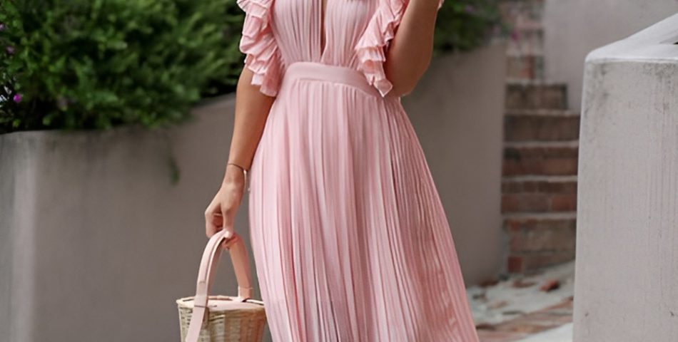 Pink Metallic Pleated Dress with Statement Earrings