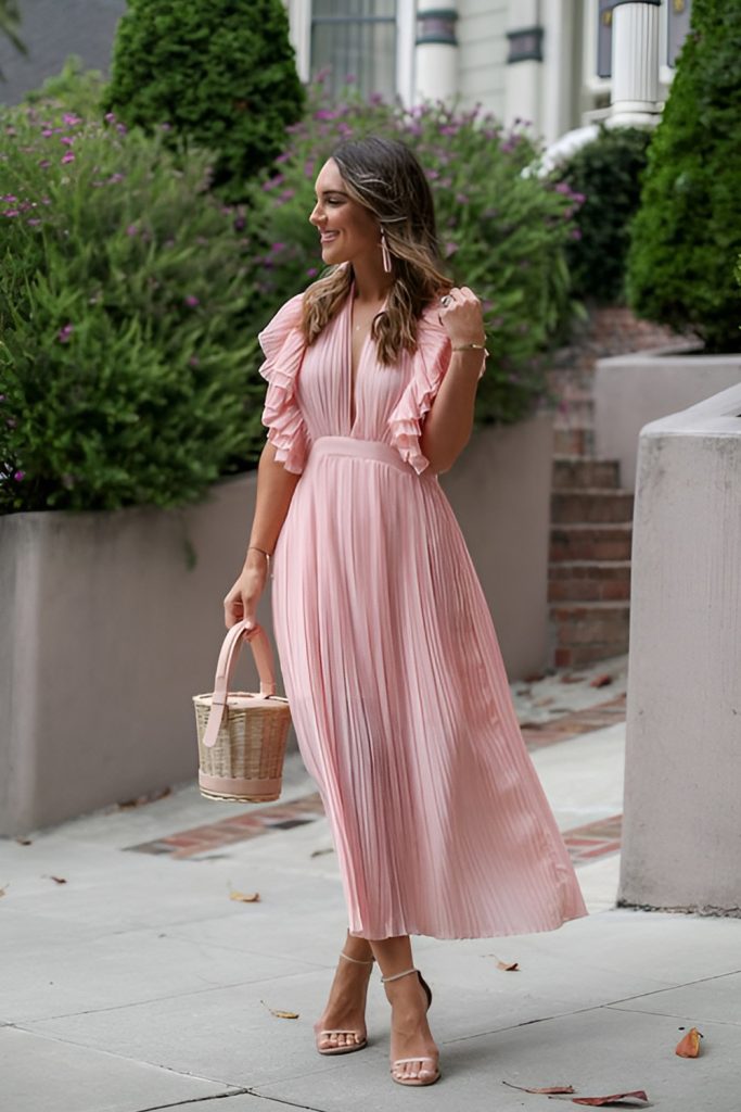 Pink Metallic Pleated Dress with Statement Earrings