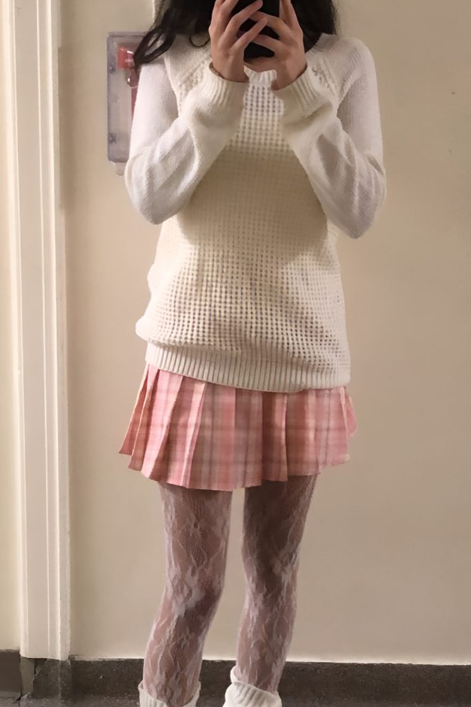 Pink Plaid Mini Skirt with Chunky Knit Sweater