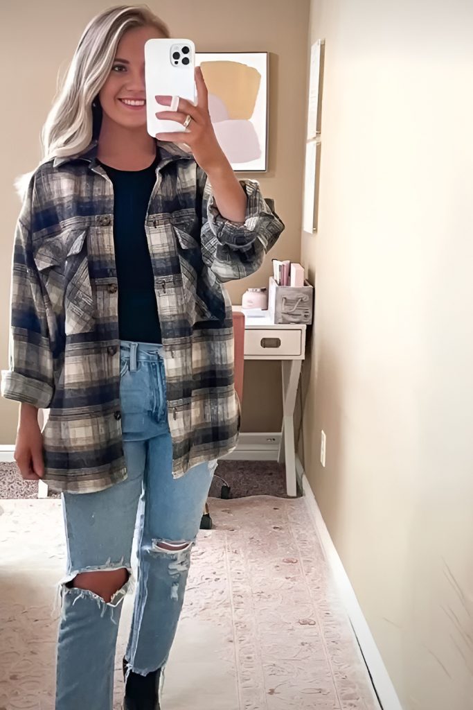Plaid Shacket with Distressed Denim and Combat Boots