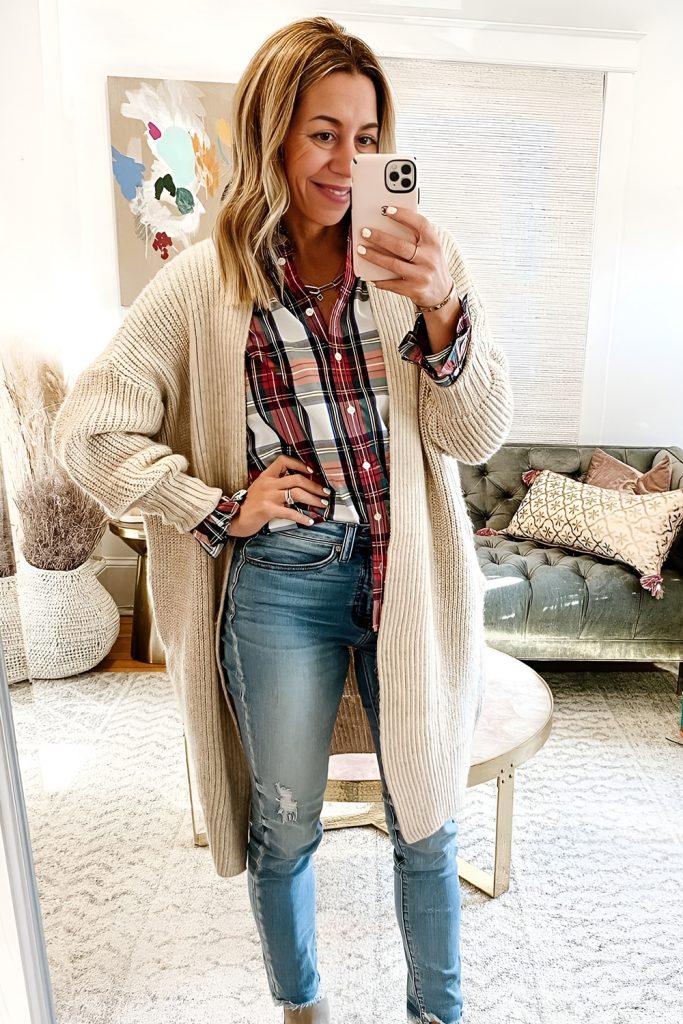 Plaid Shirt Layered with a Chunky Cardigan