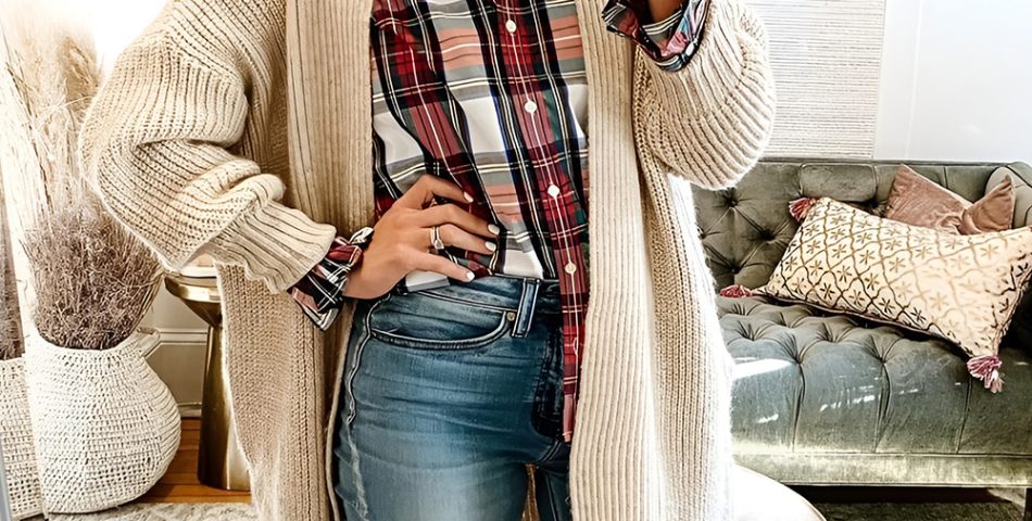 Plaid Shirt Layered with a Chunky Cardigan