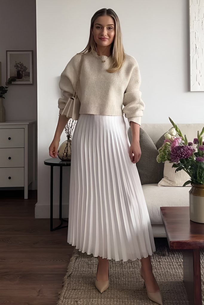 Pleated Midi Skirts with Fitted Sweaters