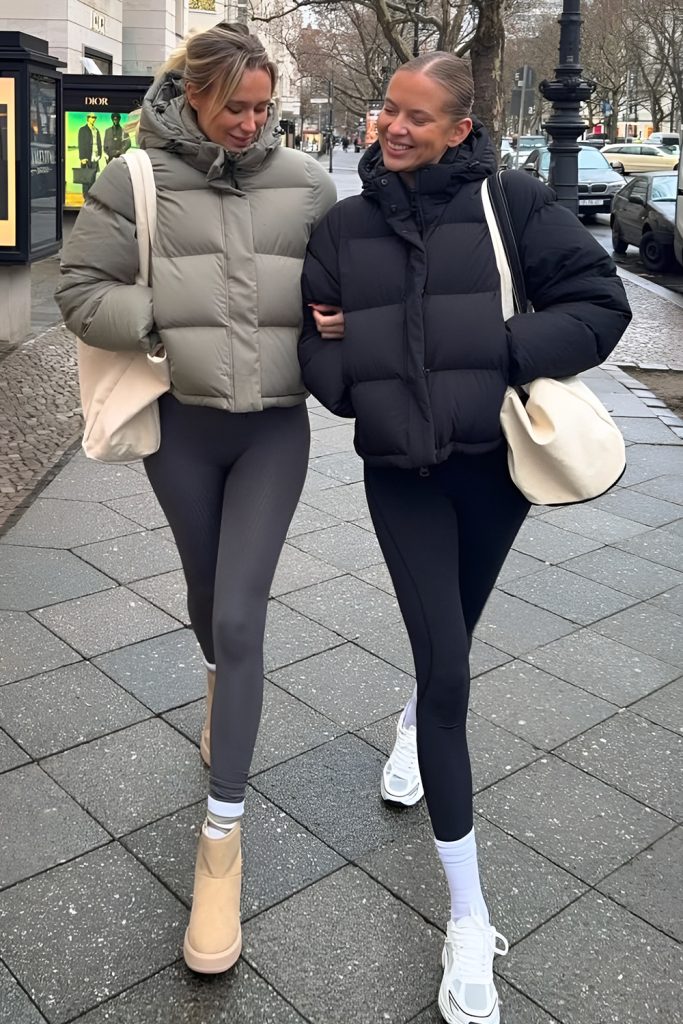 Puffer Jacket with Leggings and Sleek Snow Boots