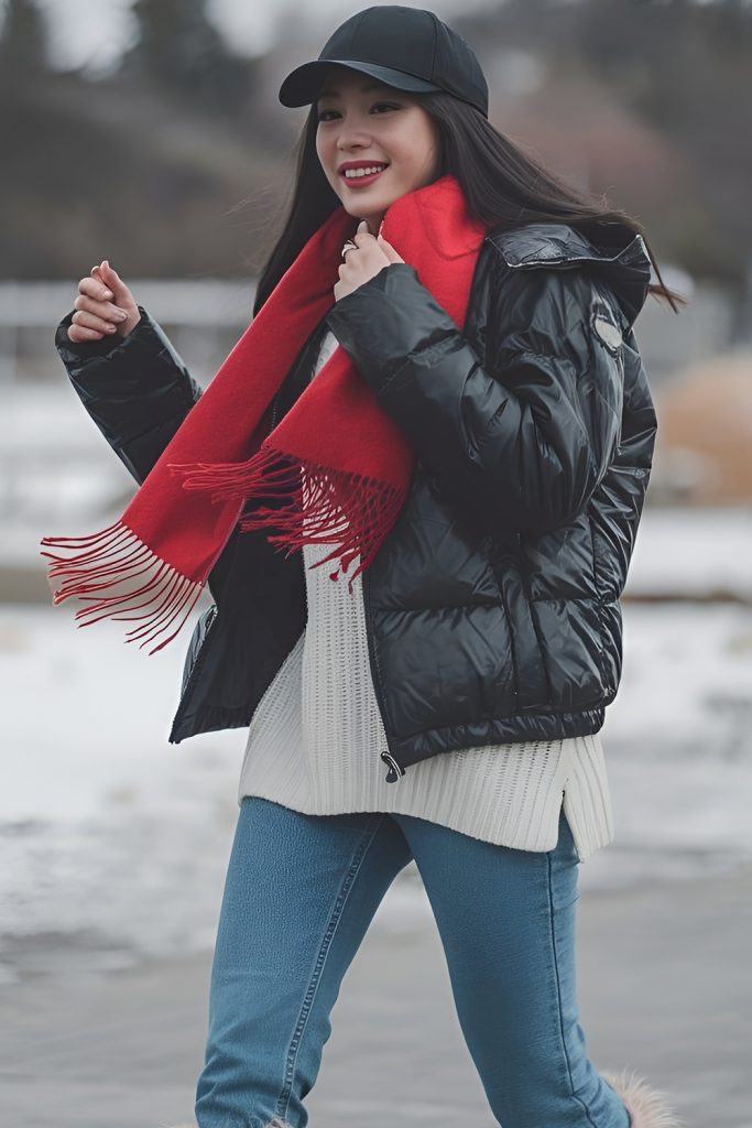 Quilted Jacket Paired with Jeans and Cozy Scarf