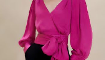 Raspberry Satin Wrap Top with Black Trousers