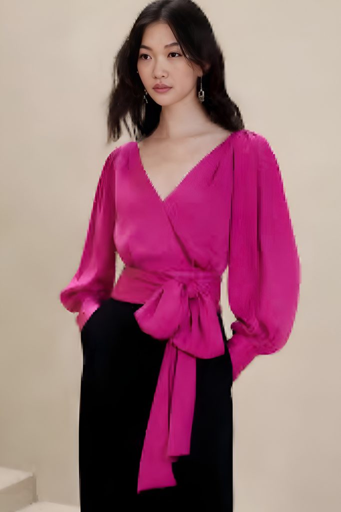 Raspberry Satin Wrap Top with Black Trousers