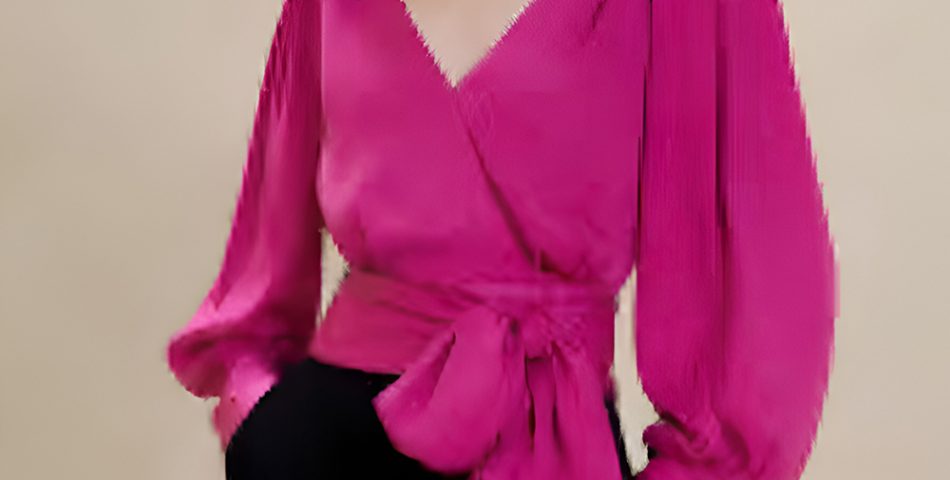 Raspberry Satin Wrap Top with Black Trousers