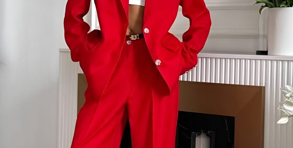 Red Pinstripe Suit with a Lacy Camisole