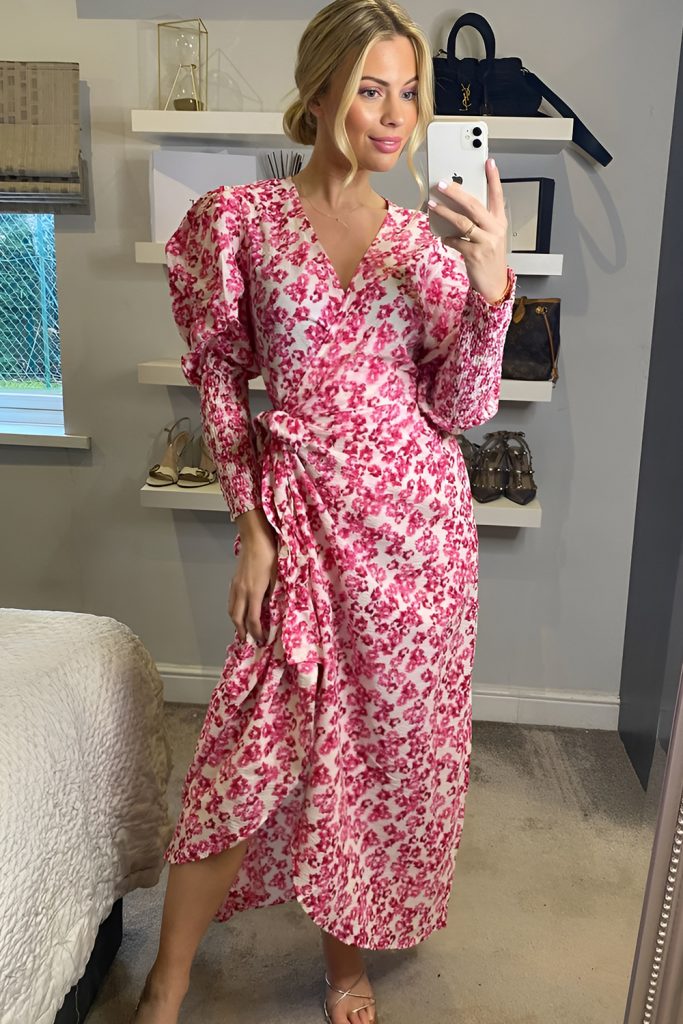Rose Printed Wrap Dress with Kitten Heels