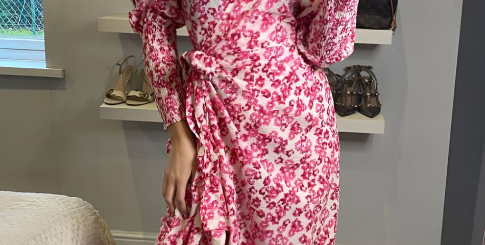 Rose Printed Wrap Dress with Kitten Heels