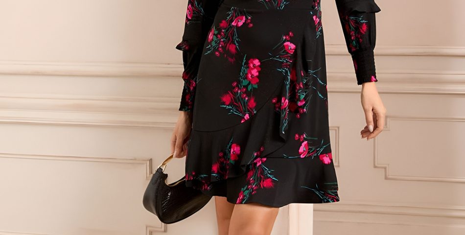 Rose Printed Wrap Dress with Kitten Heels
