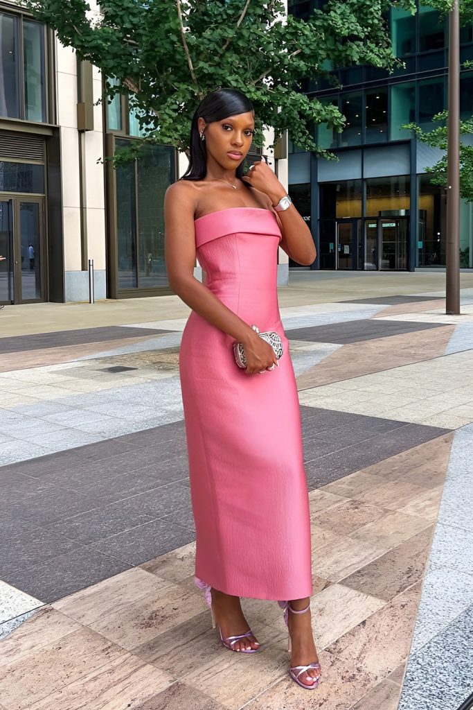 Rose Quartz Satin Gown with Statement Clutch