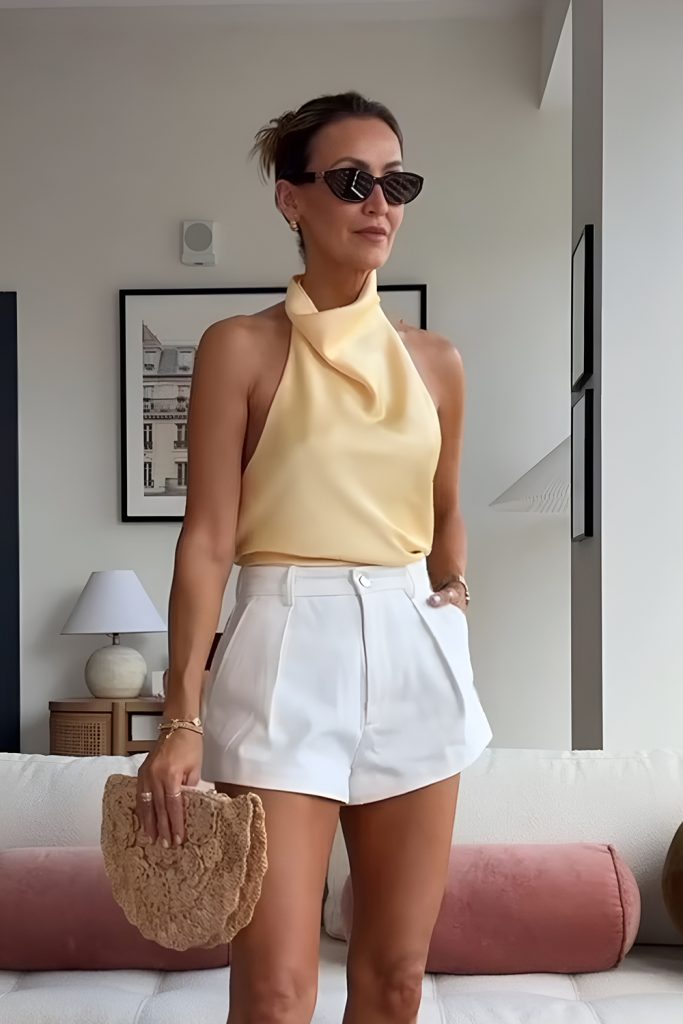 Ruffled High Neck Blouse with Tailored Shorts