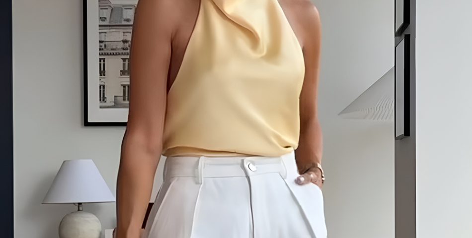 Ruffled High Neck Blouse with Tailored Shorts
