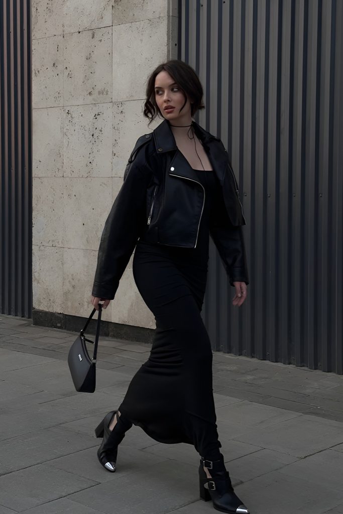 Ruffled Midi Dress with a Vintage Leather Jacket