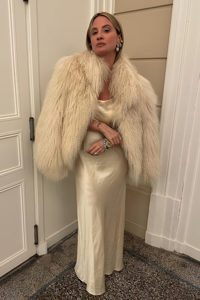 Satin Slip Dress under a Faux Fur Coat