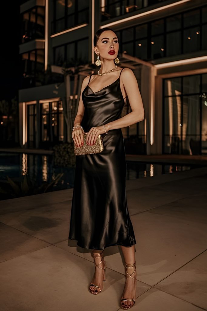 Satin Slip Dress with Strappy Heels