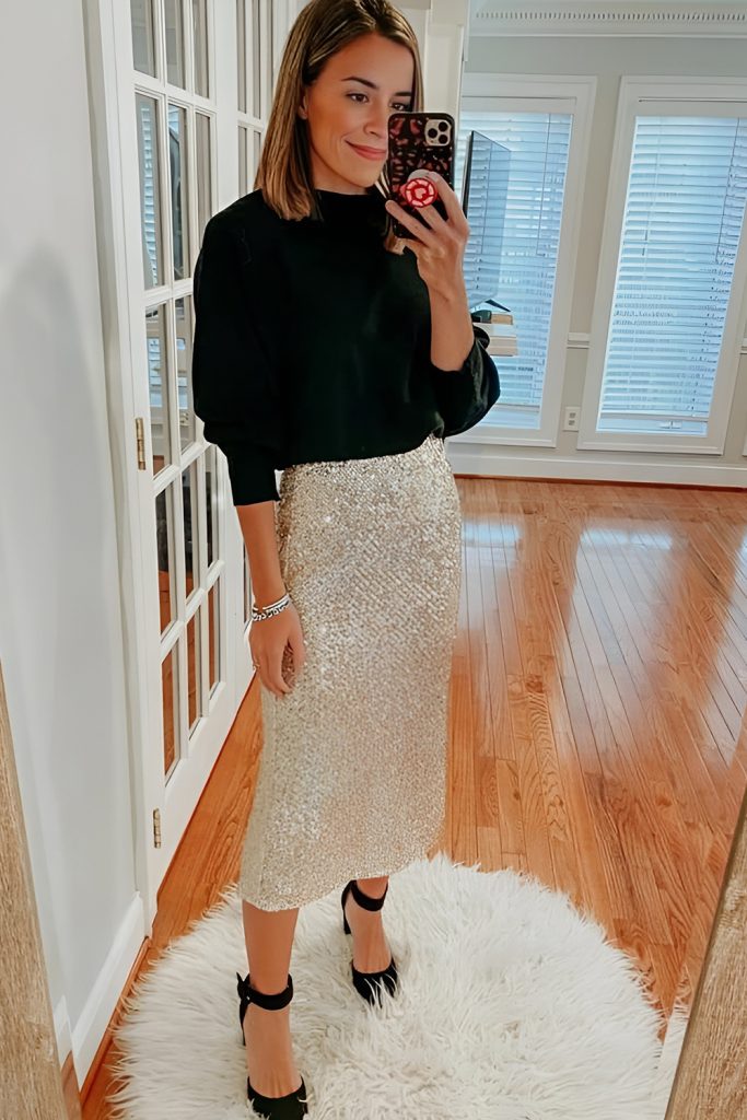 Sequin Skirt and Embellished Sweater Combo