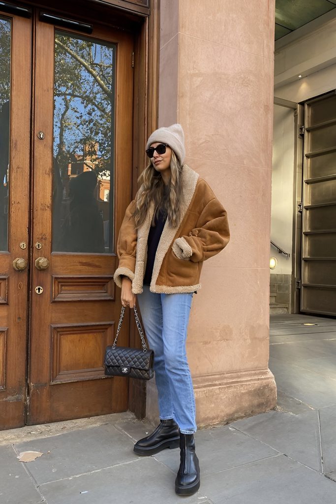Shearling Lined Jacket with Straight Leg Jeans and Beanie