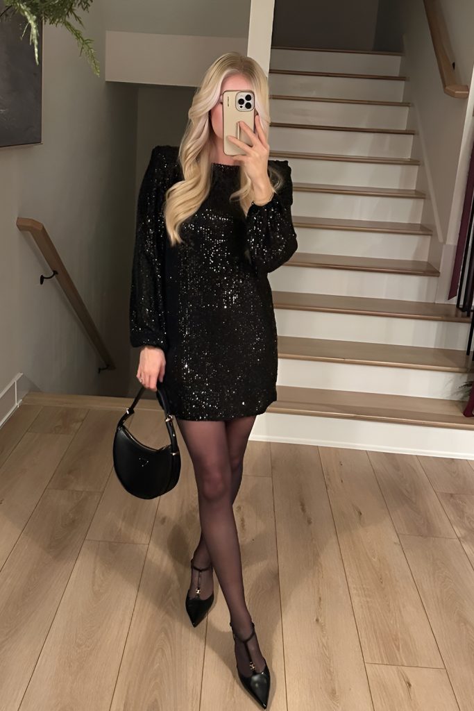 Sheer Black Dress with Glitter Underlay