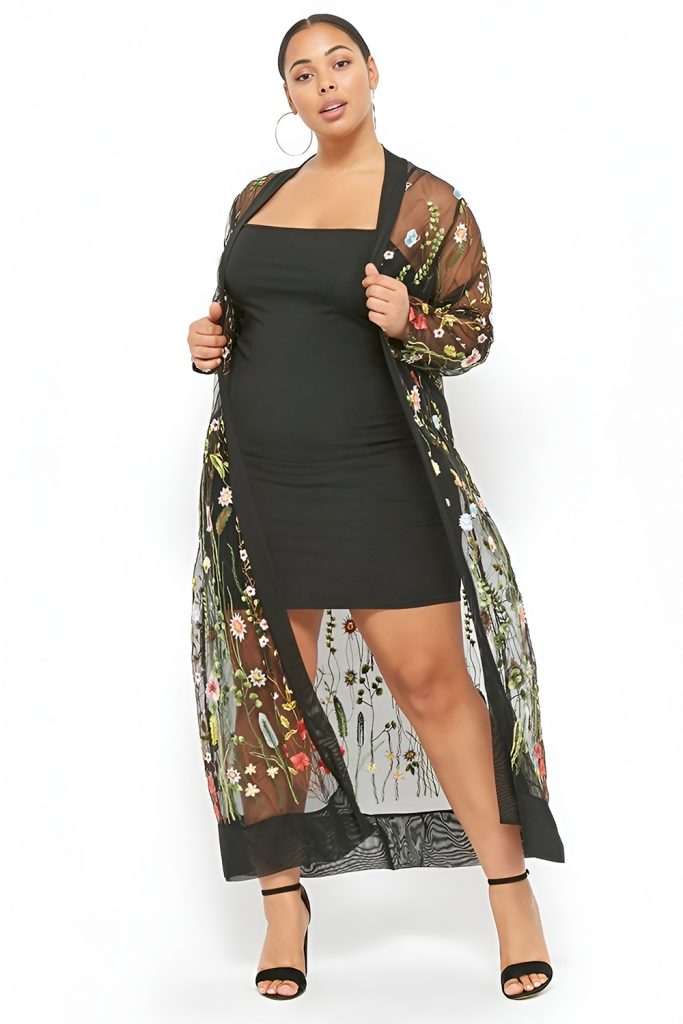 Sheer Lace Duster Over a Fitted Black Midi Dress