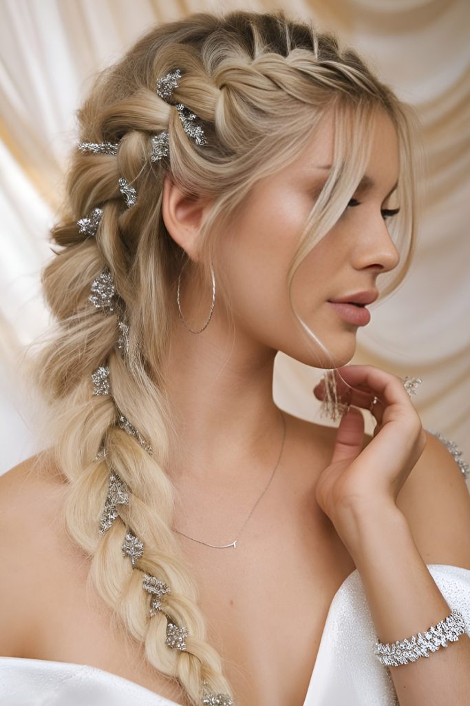 Side Swept Fishtail Braid with Bohemian Charm